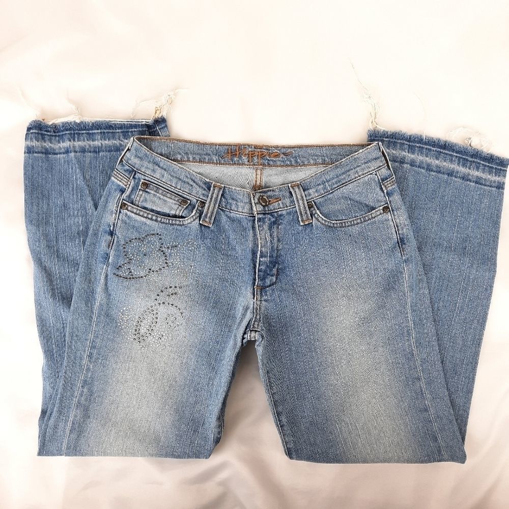 Hippie jeans style 629 junior size 11 raw hem straight leg mid rise floral studs